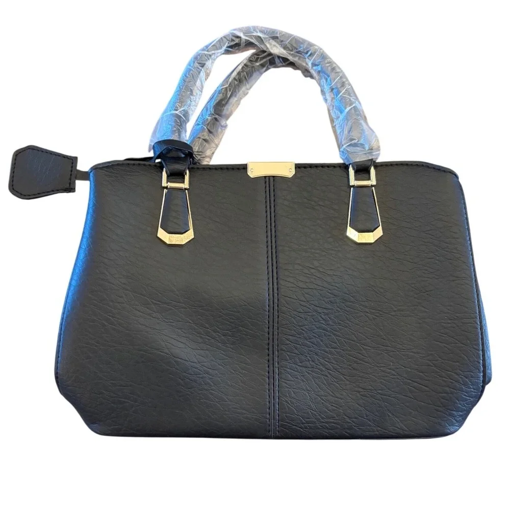 Black Faux Leather Satchel Handbag Gold Tone Hardware Top Handle Crossbody Bag